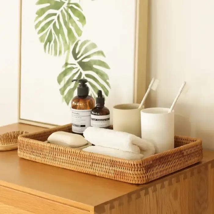 Panier de rangement en rotin tissé à la main, plateau carré en osier, panier de pique-nique, assiette de nourriture pour pain, gâteau aux fruits, boîte d'articles divers, décoration de bureau à domici