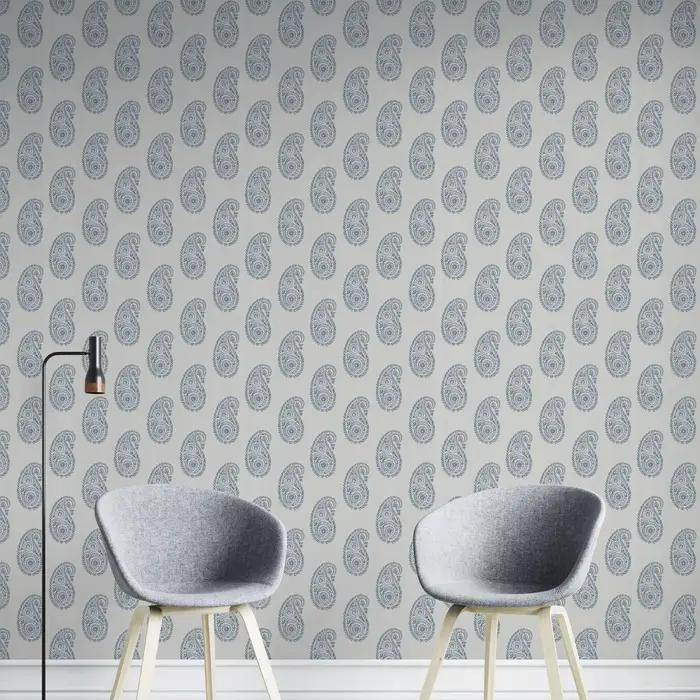 Papier peint traditionnel à motif paisley pour chambre à coucher, papier peint beige avec motif paisley bleu répété, à coller et à décoller, taille personnalisée