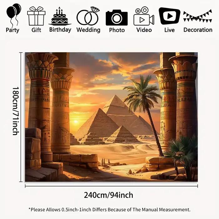 Bannière à fond plat 2D – Pilares égyptiennes anciennes, scène de coucher de soleil de pyramide du désert, décoration de fête