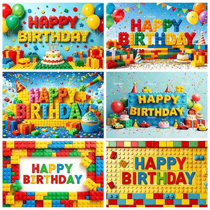 Toile de fond colorée en blocs de construction pour décorations d'anniversaire d'enfants, fournitures de fête, décorations de baby shower, bannière, fond de photographie, cadeaux