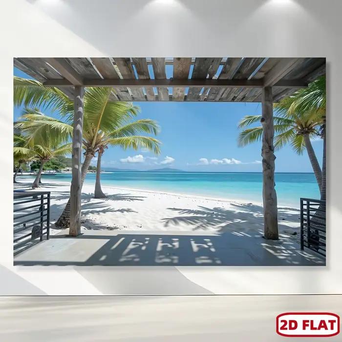 Murale murale de plage avec un palmier tropical - papier peint auto-adhésif, fond réaliste de scène marine, avec eau couleur jade