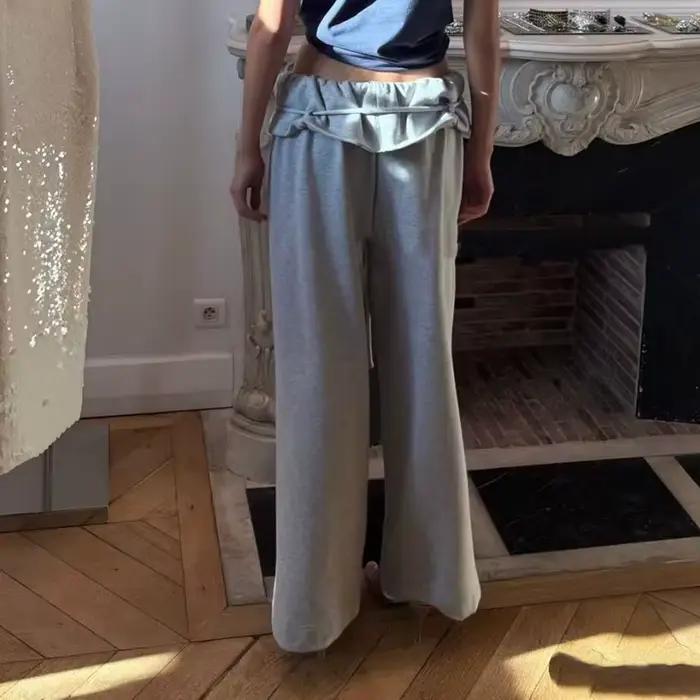 Pantalon femme Nouveau pantalon décontracté taille basse coupe droite avec cordon de serrage et bordure feuille de lotus, jambe large, pour l'automne 2026