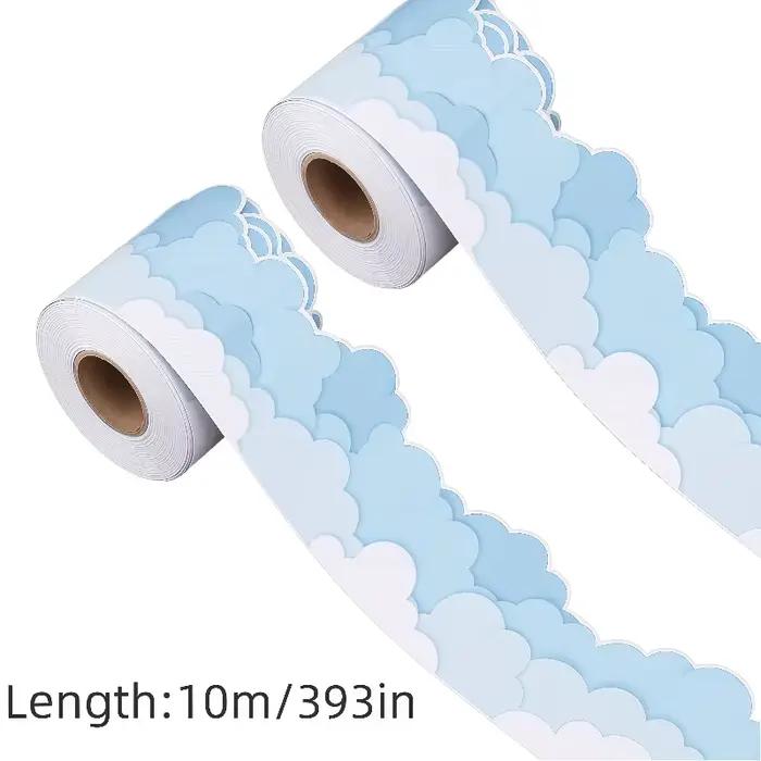 Rouleaux de décoration de bordure pour tableau noir et tableau blanc en forme de nuage - Autocollants adhésifs en papier pour bordure, surface lisse, nuages blancs bleu clair