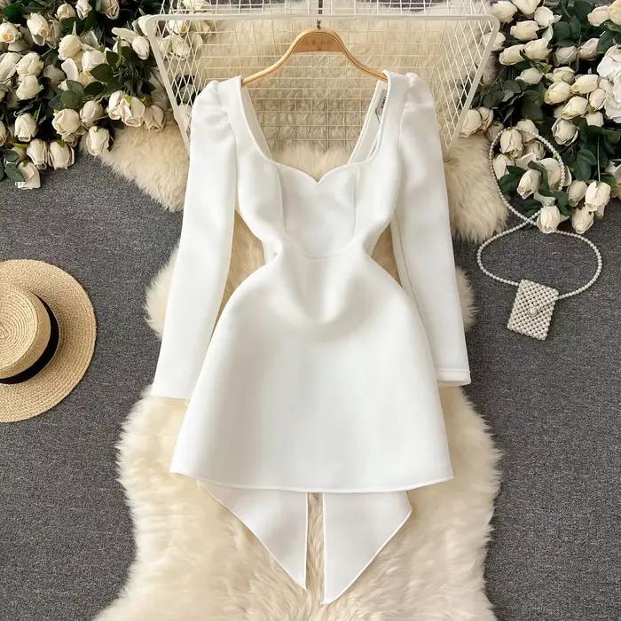 Robe de mariée blanche évidée pour femme, dos nu, décoration de nœud, robes courtes, taille cintrée, bulle, manches longues, automne