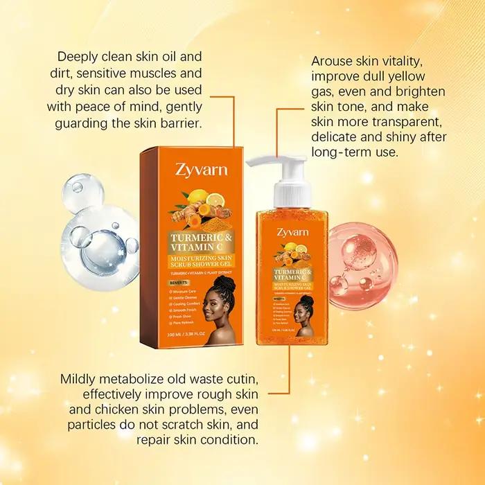 Gel douche hydratant au curcuma et à la vitamine C, gel douche exfoliant et lissant, fini gommant doux, parfum naturel rafraîchissant