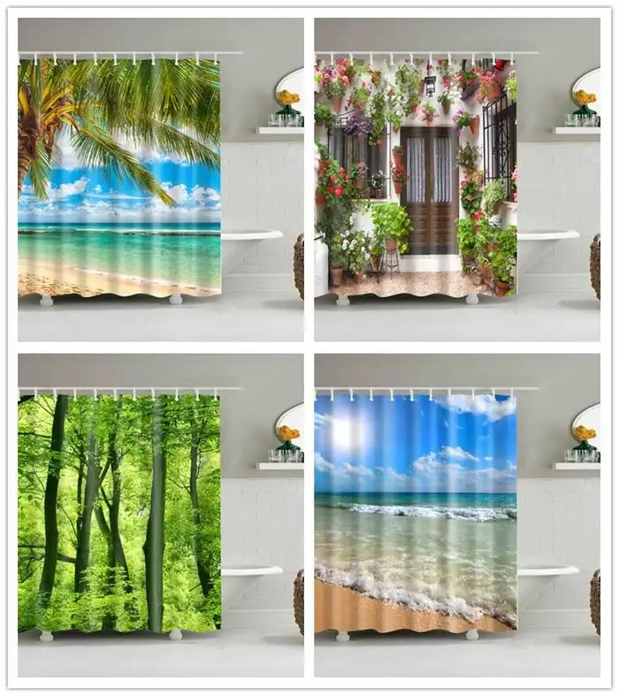Rideau de douche lavable en tissu Polyester, impression de paysage numérique 3D, imperméable, pour salle de bain, plage, 120x180
