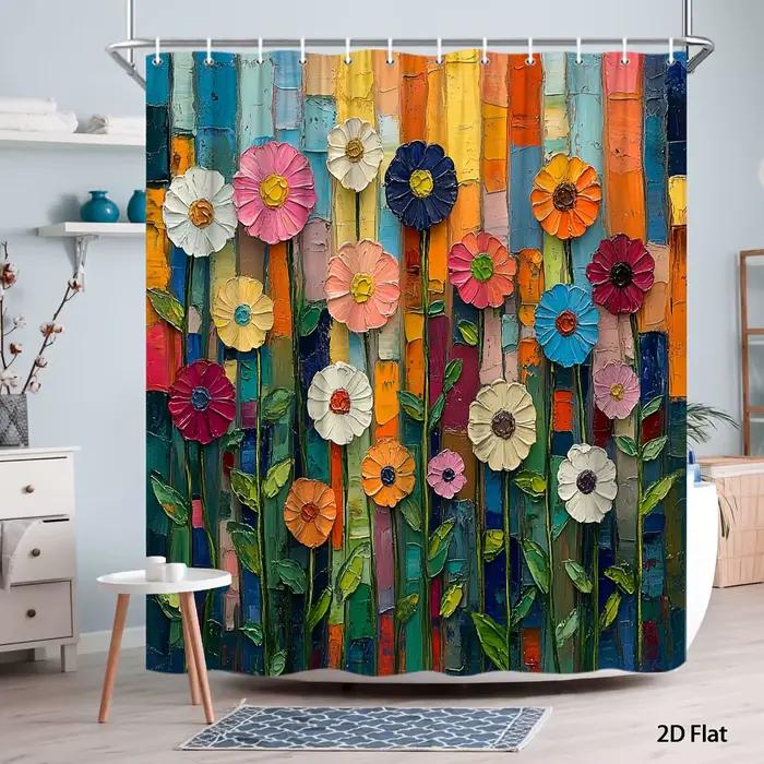 Rideau de douche/bain 1 pièce, motif floral folklorique, fleurs multicolores ludiques, pétales rose, blanc, rouge, orange, tige feuillue verte