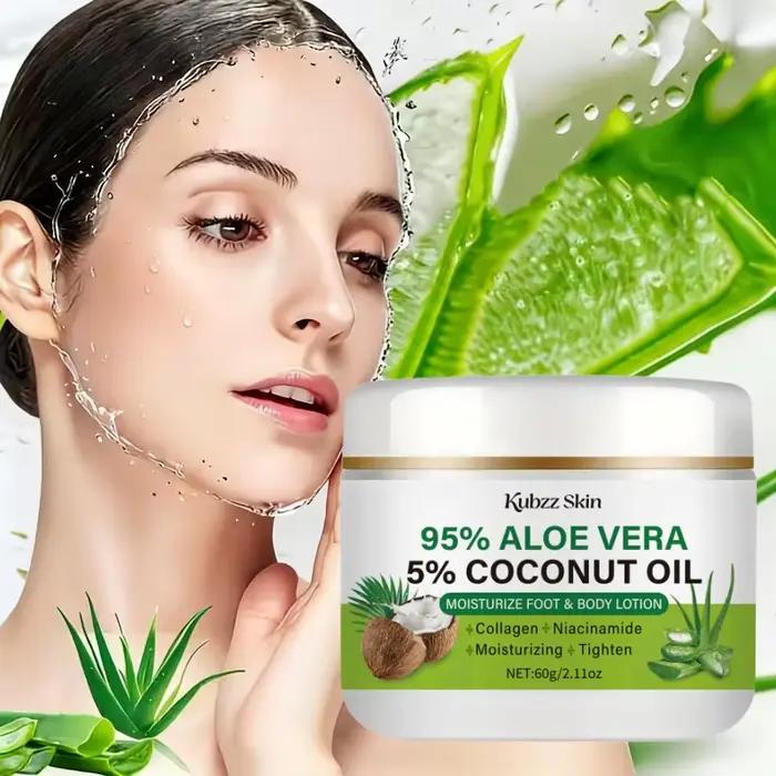 Crème hydratante à l'aloe vera et à la noix de coco, contenant du collagène, de l'acide hyaluronique et de la niacinamide, hydrate en profondeur.