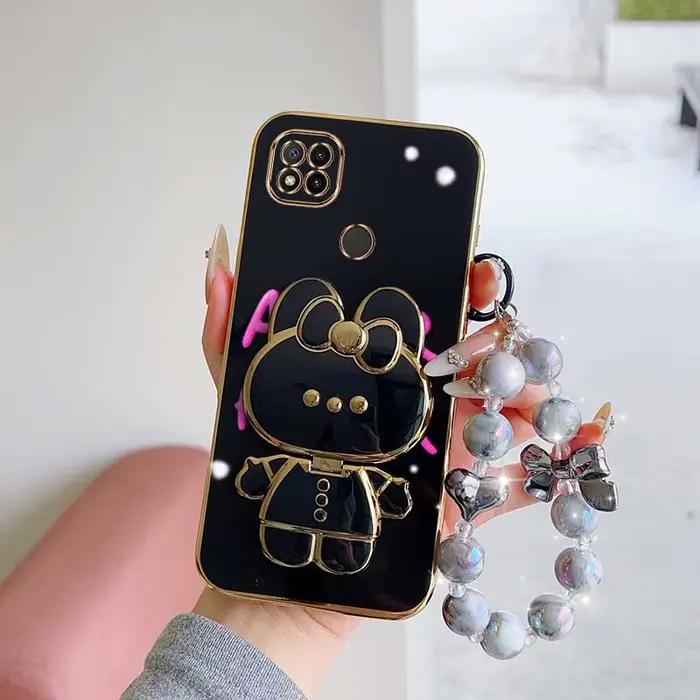 3 pièces (coque de téléphone à fleurs mignonnes + cordon + support lapin) pour Redmi 9i/9 Prime/9AT/9A Sport/9A/8/9/9 (Inde)/9C NFC/9C