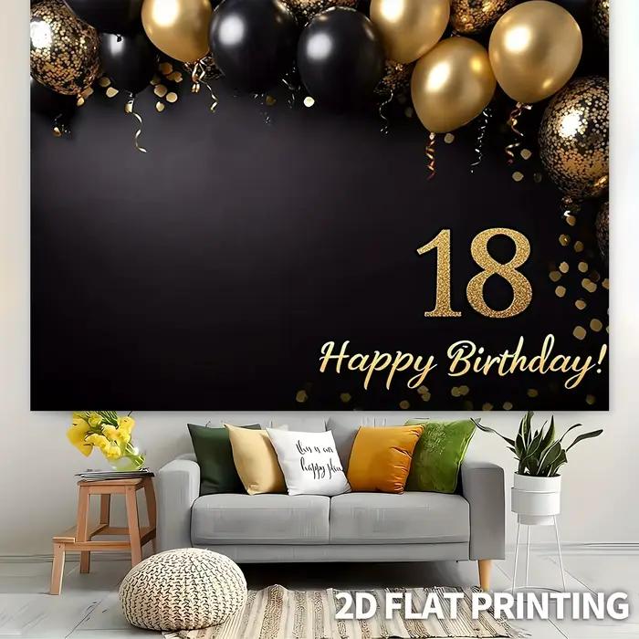 Bannière de fond pour fête d'anniversaire de 18 ans - ballons noirs et dorés avec inscription « Joyeux anniversaire ! » écrits sur eux. Polyester durable