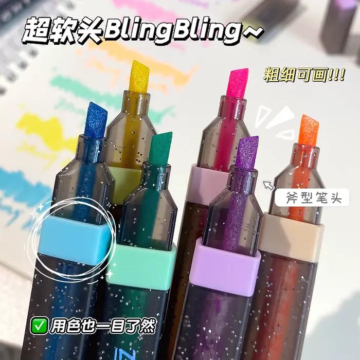 Stylos surligneurs brillants, 6 couleurs, fournitures de papeterie Kawaii, accessoires de rentrée scolaire pour filles et étudiantes
