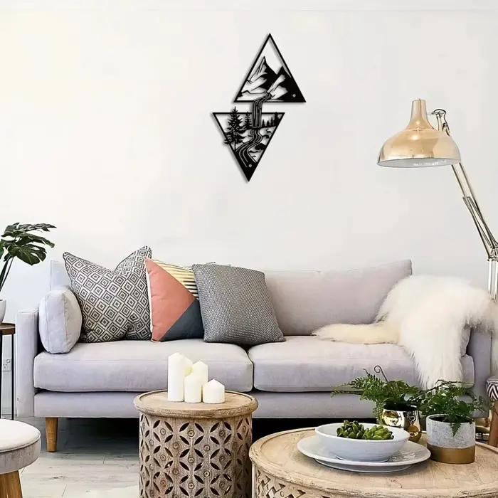 Décoration murale géométrique triangulaire pour salon, maison, bureau | Décoration murale moderne et cadeau : Art mural en métal Paysage Montagne