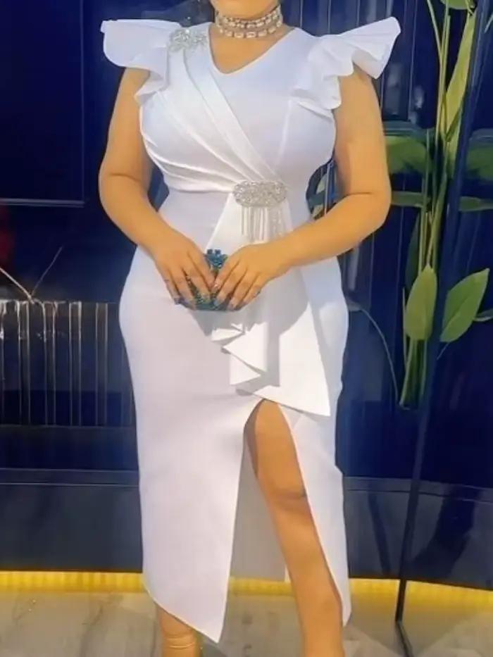 Robe de remise de diplôme blanche, col en V, manches à volants, moulante, fente mi-longue, tenues d'été élégantes pour femmes