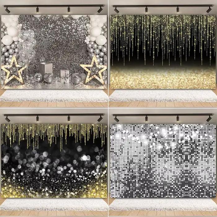 Or argent paillettes photographie toile de fond Disco fantaisie noir doré brillant paillettes Photo arrière-plans fête d'anniversaire accessoires de mariage