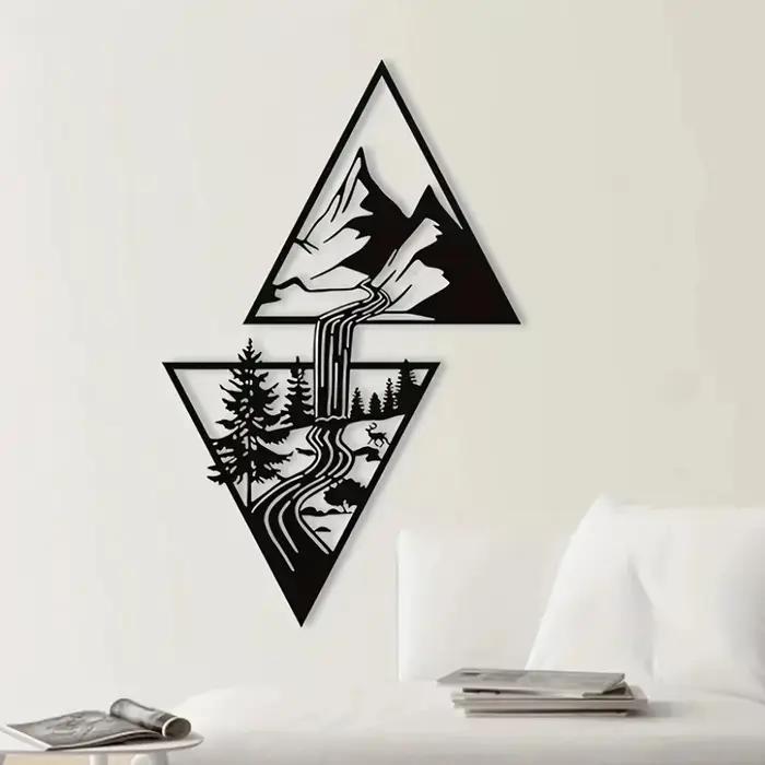 Décoration murale géométrique triangulaire pour salon, maison, bureau | Décoration murale moderne et cadeau : Art mural en métal Paysage Montagne