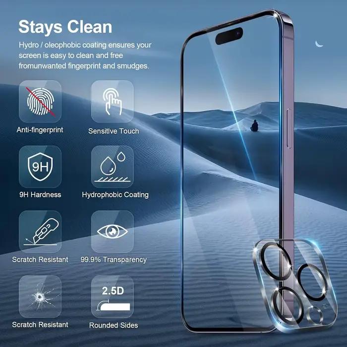HD verre trempé pour iPhone 16 15 17 14 13 12 11 Pro Max Protection d'écran iPhone15 Pro Film d'objectif d'appareil photo pour iPhone16 Plus 13 Mini Glass