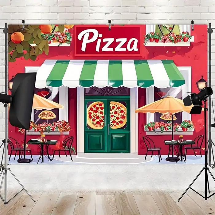 Une bannière colorée pour la décoration de pizzeria, idéale pour les événements festifs tels que les anniversaires et les fêtes.