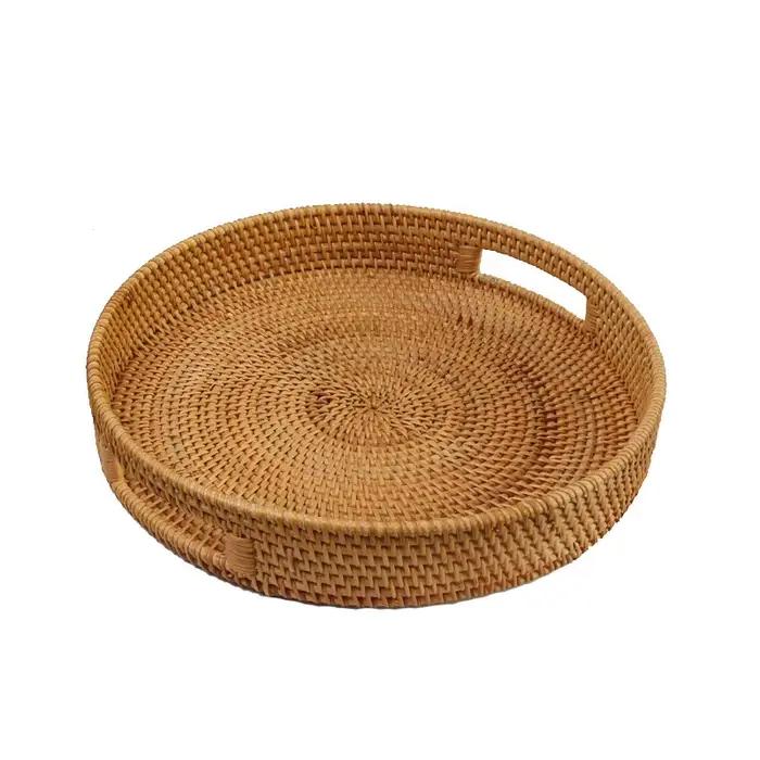 Plateau en rotin tissé à la main, panier alimentaire, plateau de fruits, assiette de collation de thé de l'après-midi multifonction, panier décoratif, plateau de rangement
