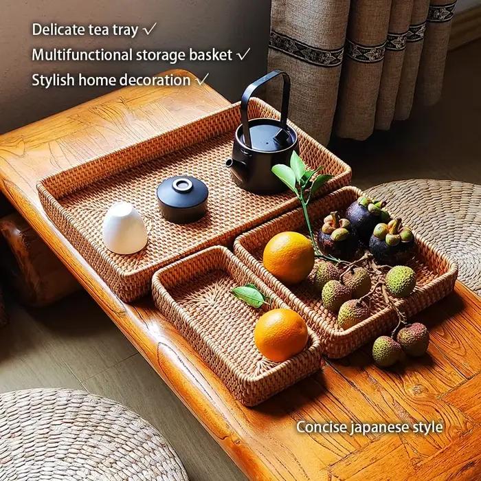 Panier de rangement en rotin tissé à la main, plateau carré en osier, panier de pique-nique, assiette de nourriture pour pain, gâteau aux fruits, boîte d'articles divers, décoration de bureau à domici