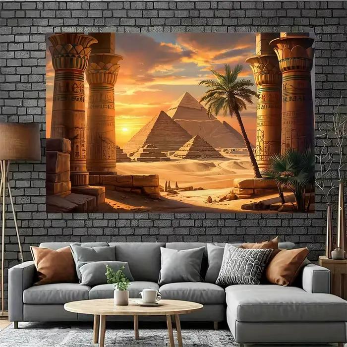 Bannière à fond plat 2D – Pilares égyptiennes anciennes, scène de coucher de soleil de pyramide du désert, décoration de fête