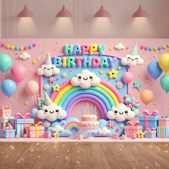 Ballons de bannière de fond joyeux anniversaire, nuage arc-en-ciel coloré, décoration de fête d'anniversaire pour bébé et enfant, mur de fond de célébrité