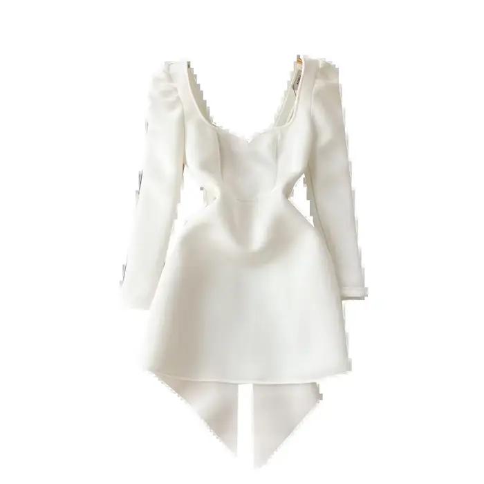 Robe de mariée blanche évidée pour femme, dos nu, décoration de nœud, robes courtes, taille cintrée, bulle, manches longues, automne