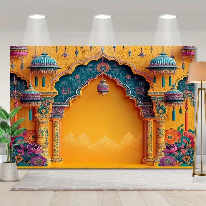 1 toile de fond de fête de mariage indienne vibrante - design architectural traditionnel adapté aux célébrations de vacances et à la décoration intérieure