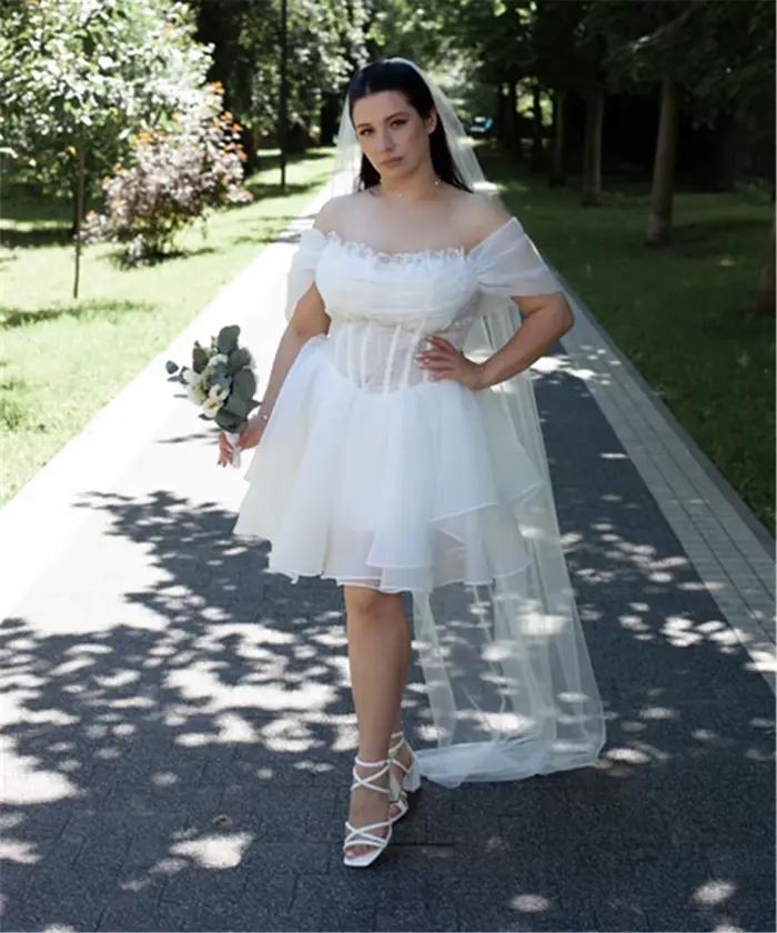 Robes de mariée courtes blanches, style vintage, épaules dénudées, coupe trapèze, plissées, robes de mariée personnalisées, Vestido De Novia