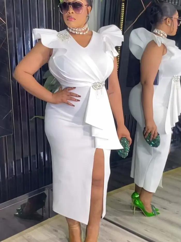 Robe de remise de diplôme blanche, col en V, manches à volants, moulante, fente mi-longue, tenues d'été élégantes pour femmes