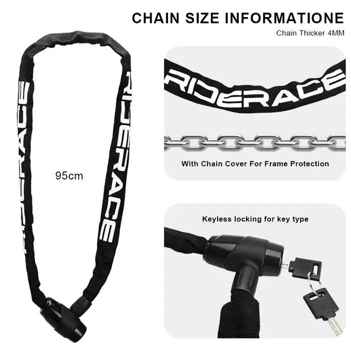 RIDERACE Verrou de Chaîne De Vélo Portable Anti-vol Haute Sécurité VTT Vtt Verrou Avec 2 Clés Pour Scooter Électrique E-Bike