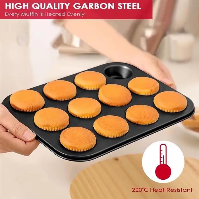 Plateau à muffins plateau à muffins en acier au carbone moule de cuisson à muffins paquet de 2 pour 12 muffins, plateau à muffins à revêtement antiadhésif-AT64