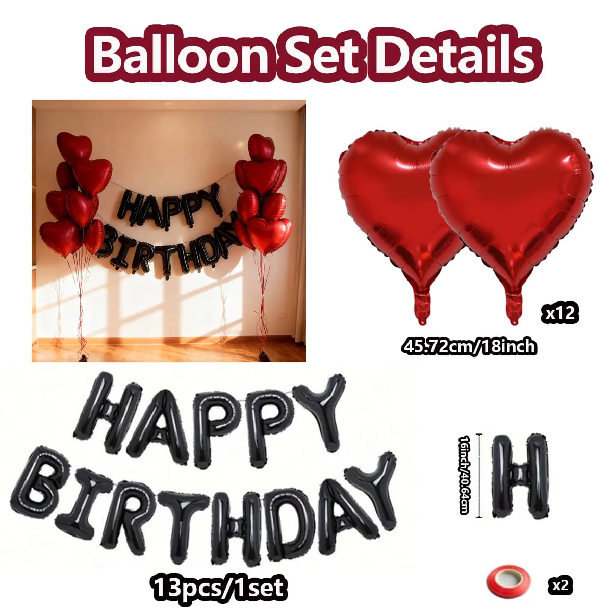 Ensemble de ballons noirs joyeux anniversaire, ballon en forme de cœur rouge, avec nœud en Film d'al