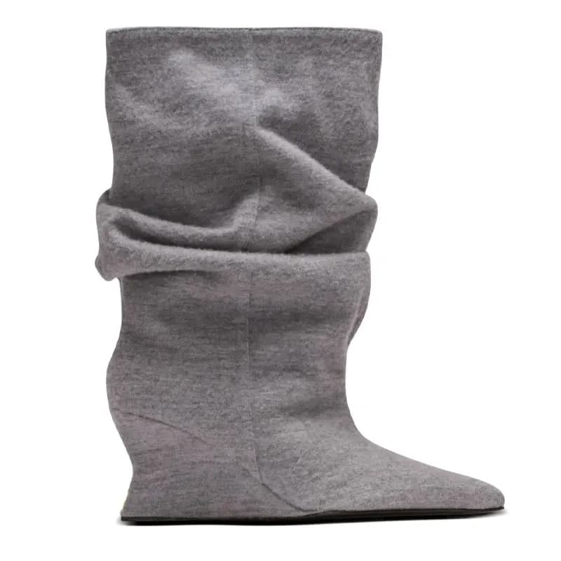 Bottes mi-mollet en cuir ample de créateur, disponibles en crème, bordeaux, gris, design froncé avec