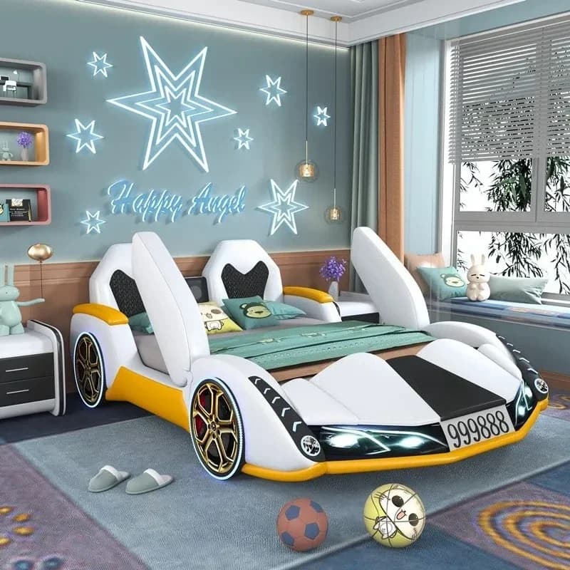 Lit équipé pour enfants, 120x190cm, avec système sonore et bande lumineuse, sommiers King Size, tête