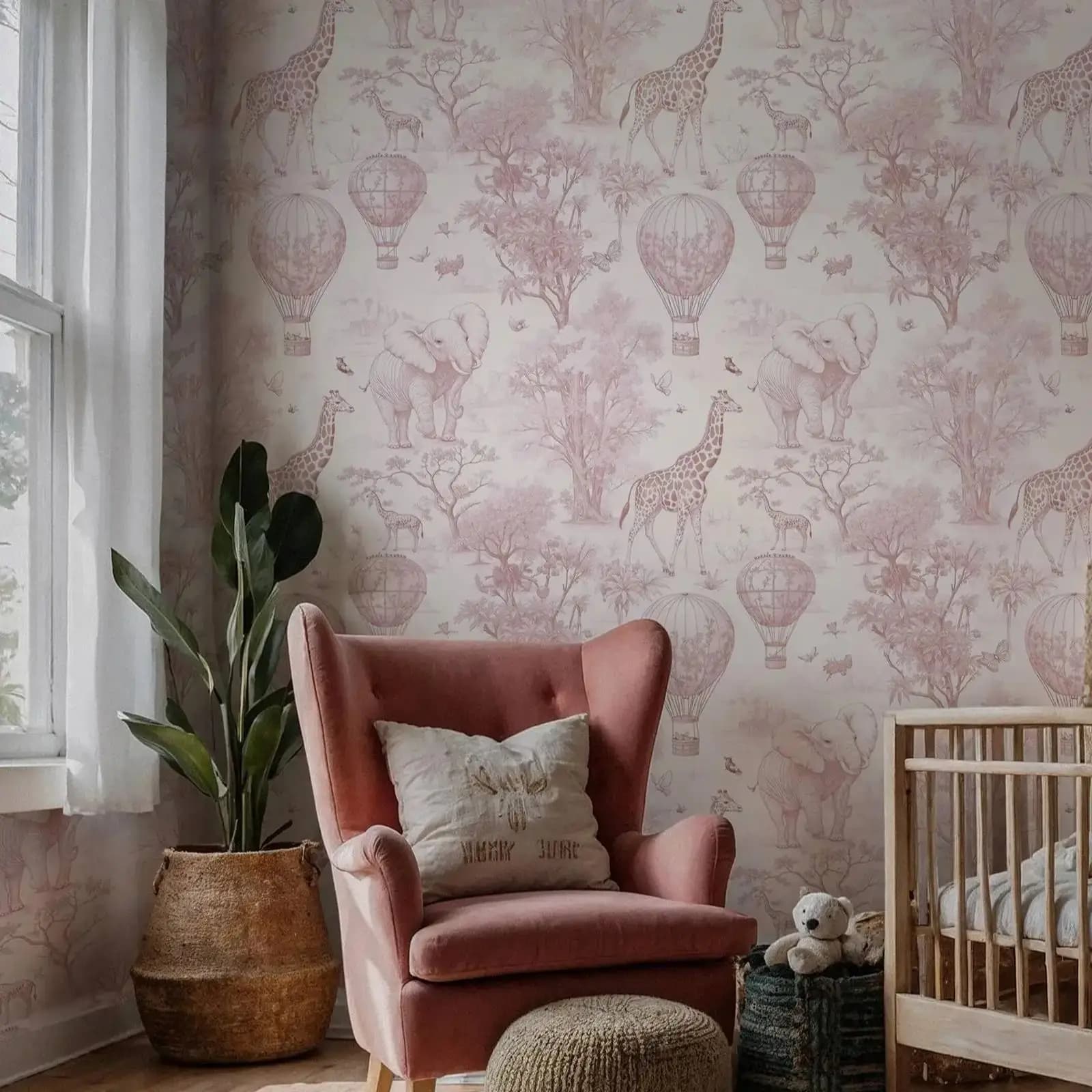 Papier peint pour pépinière Safari rose, papier peint auto-adhésif ou traditionnel avec animaux de l