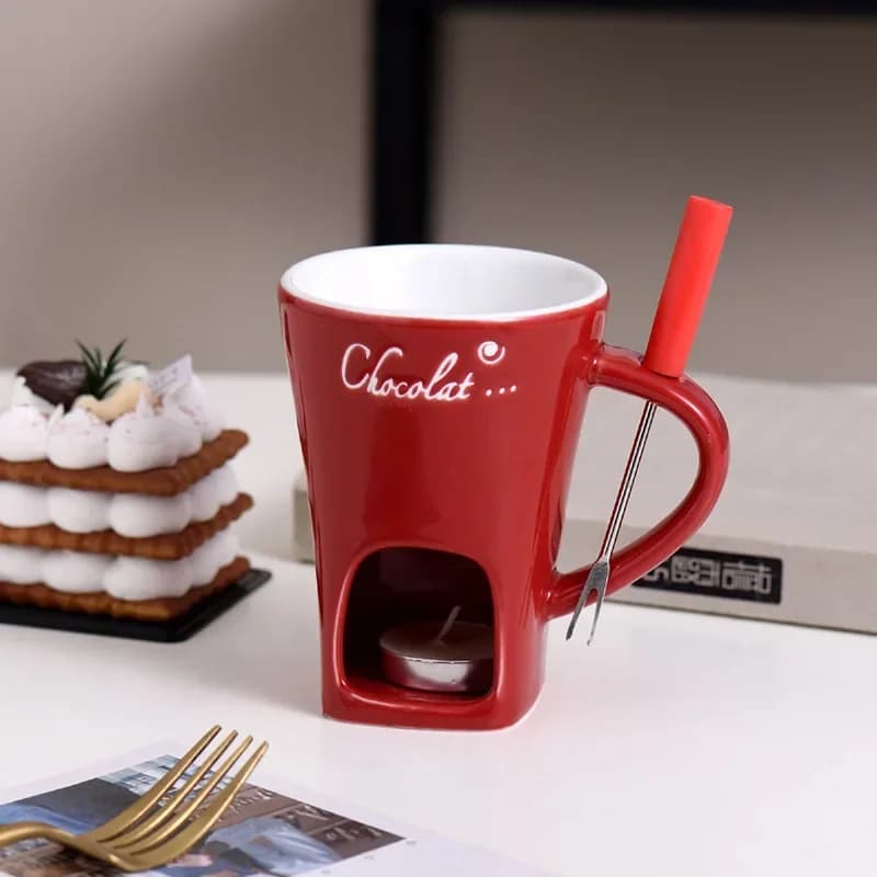 Plat à frire au chocolat en céramique, tasse avec fourchette, Pot à bougie, tasse à chocolat fondant
