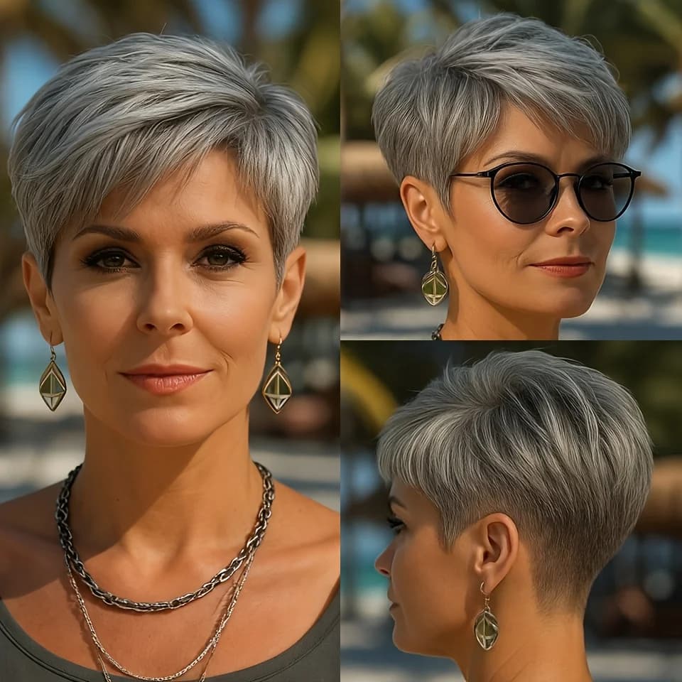 Perruque de cheveux humains gris court pour femmes avec frange cheveux raides coupe lutin en couches