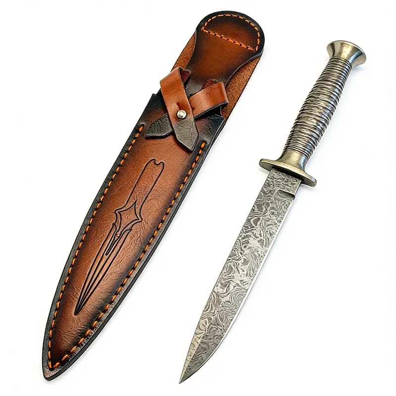 Étui en cuir de vachette pour couteau droit de grande et moyenne taille, motif épée/fleur, avec support de pantalon et protection pour lame fixe