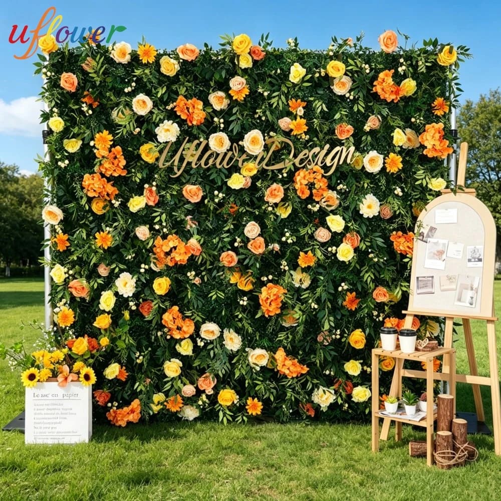 Mur de fleurs artificielles 5D en tissu avec roses orange et feuilles vertes pour décoration de mariage