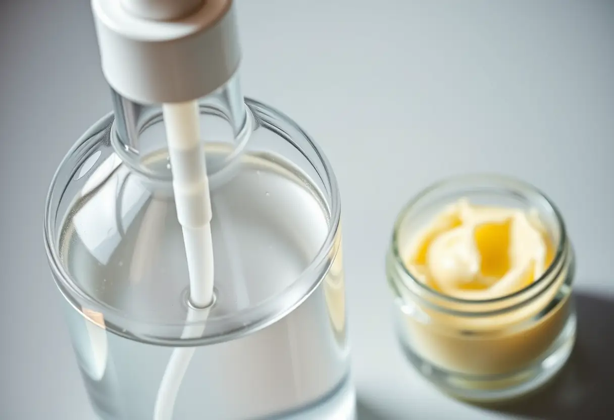 Bouteille avec distributeur à côté d'un pot de crème jaune pâle