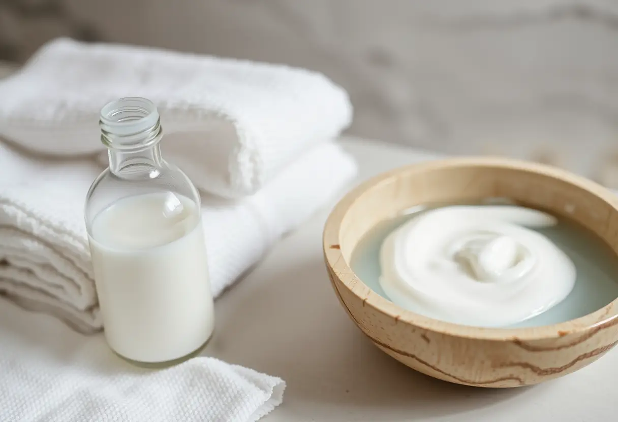 Bouteille de crème blanche près d'un gant et d'une bassine d'eau, soin cutané
