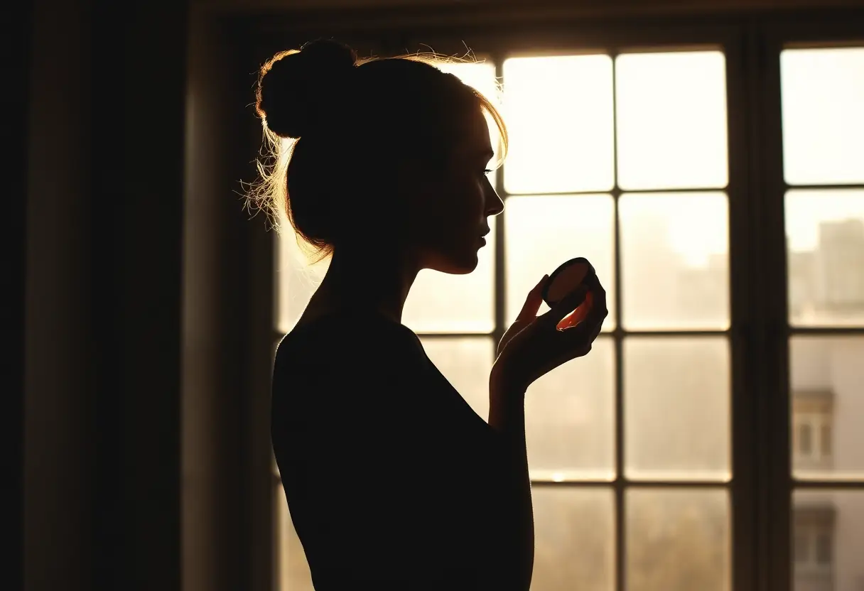 Une femme applique un blush crème devant une fenêtre