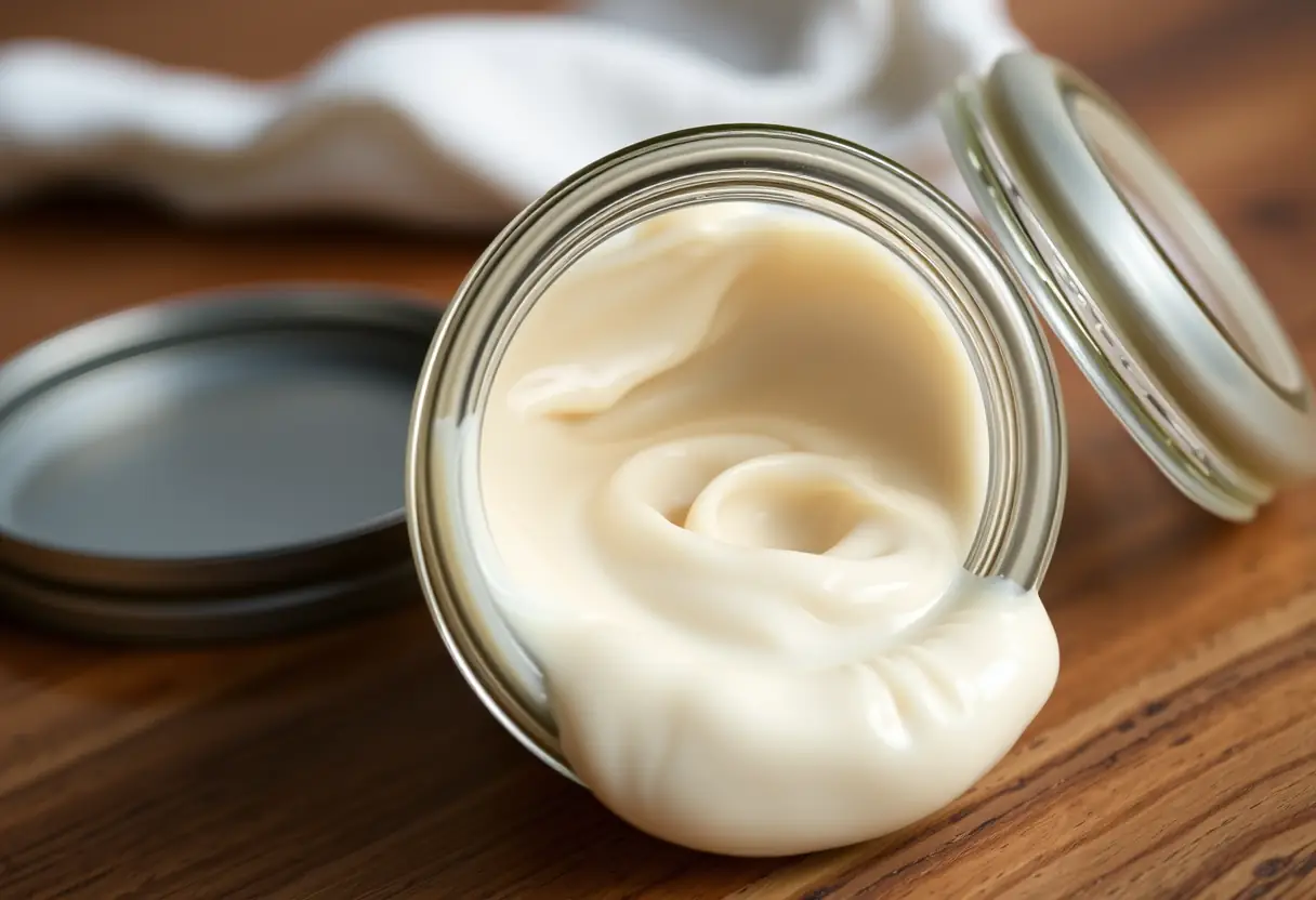Un pot de crème posé sur une table en bois, la crème est légère et fluide