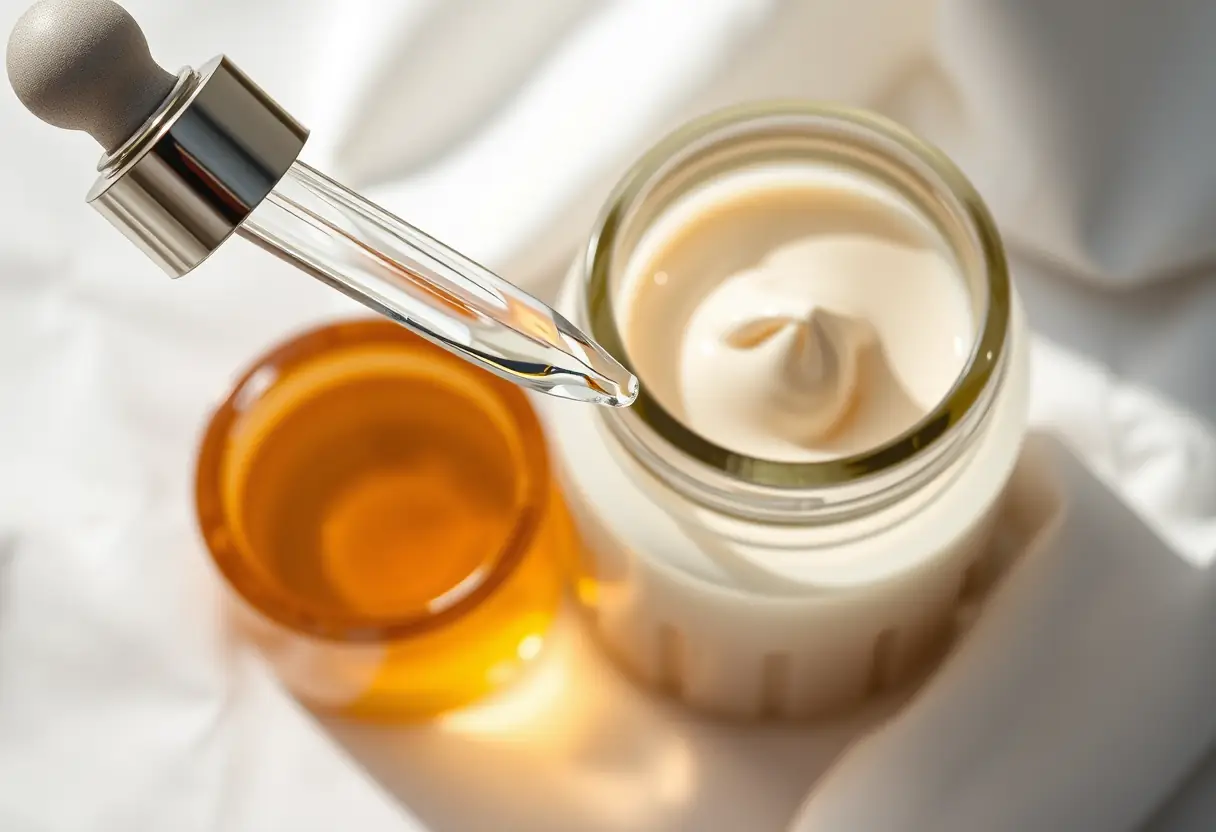 Image of a dropper and a cream bottle on a cloth