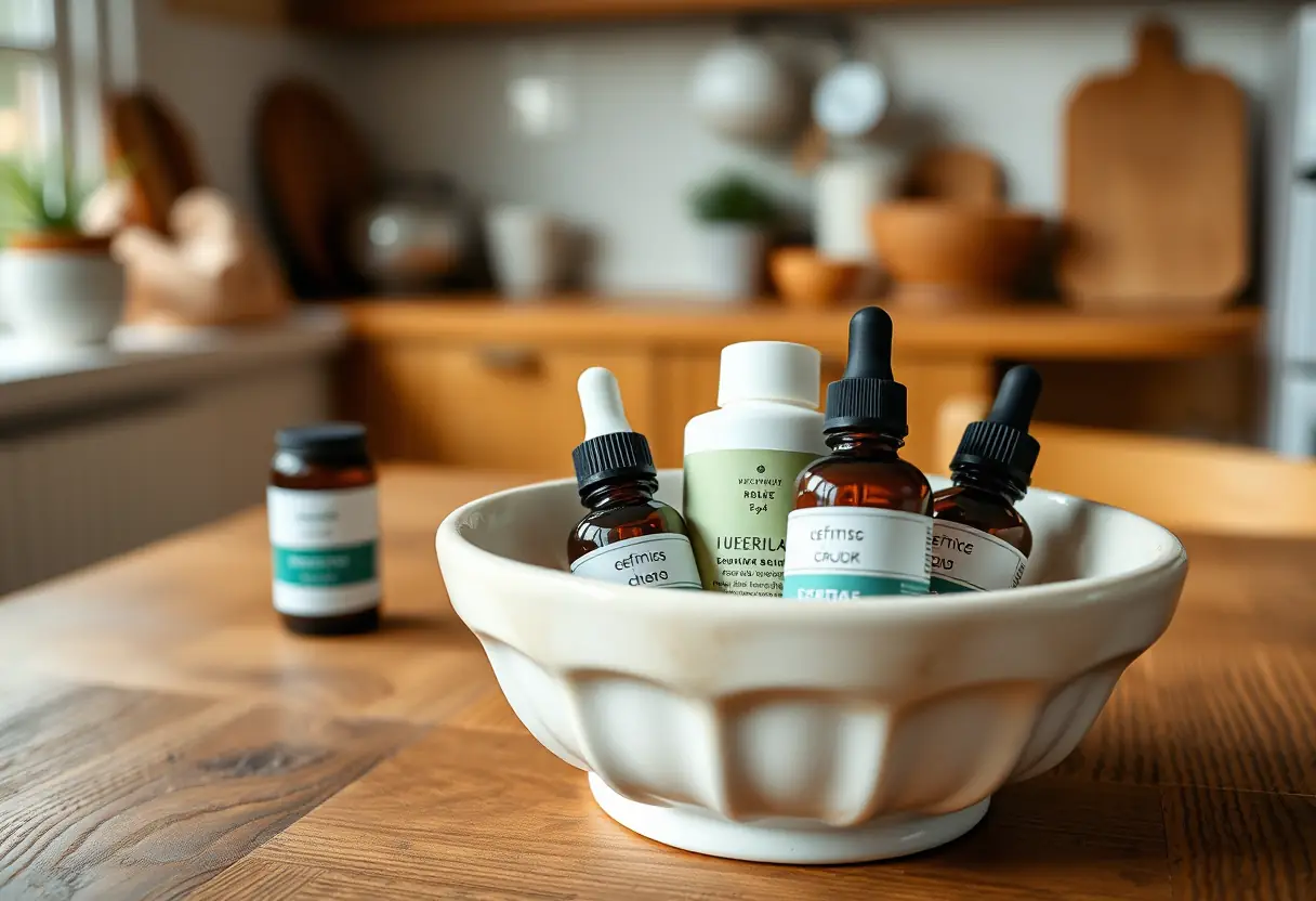 Crème hydratante et huiles essentielles sur un bol en céramique