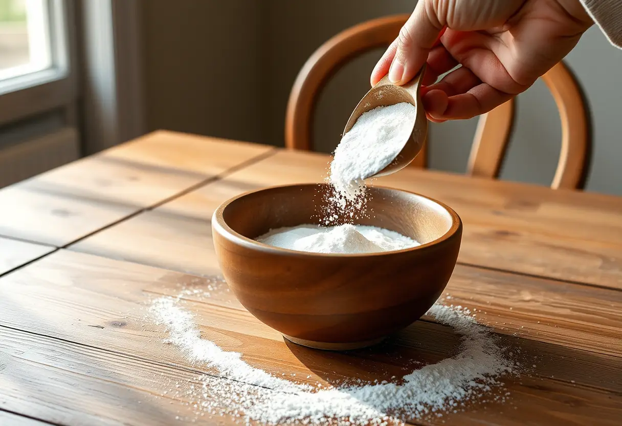 Poudre blanche dans un bol sur une table de cuisine