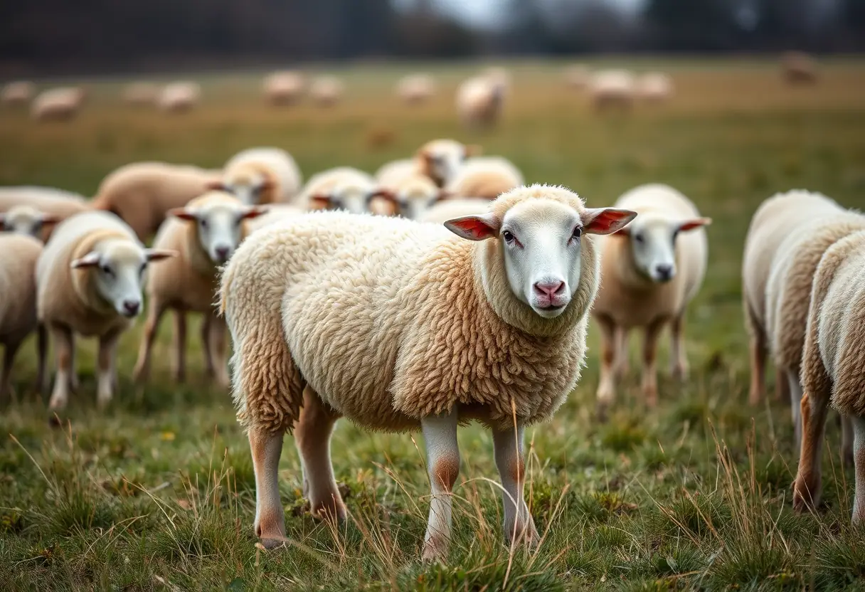 Mouton avec du laine humide dans un pâturage
