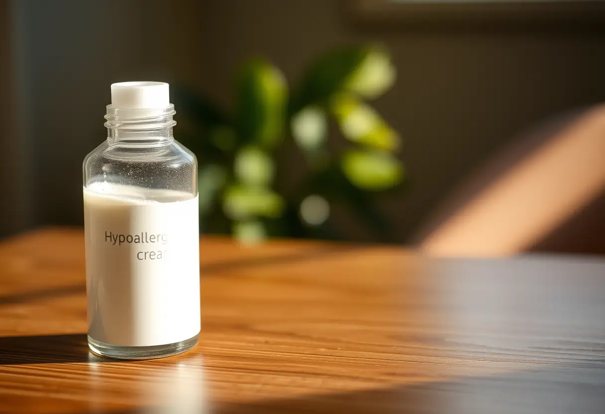 Bouteille de crème hypoallergénique sur table en bois