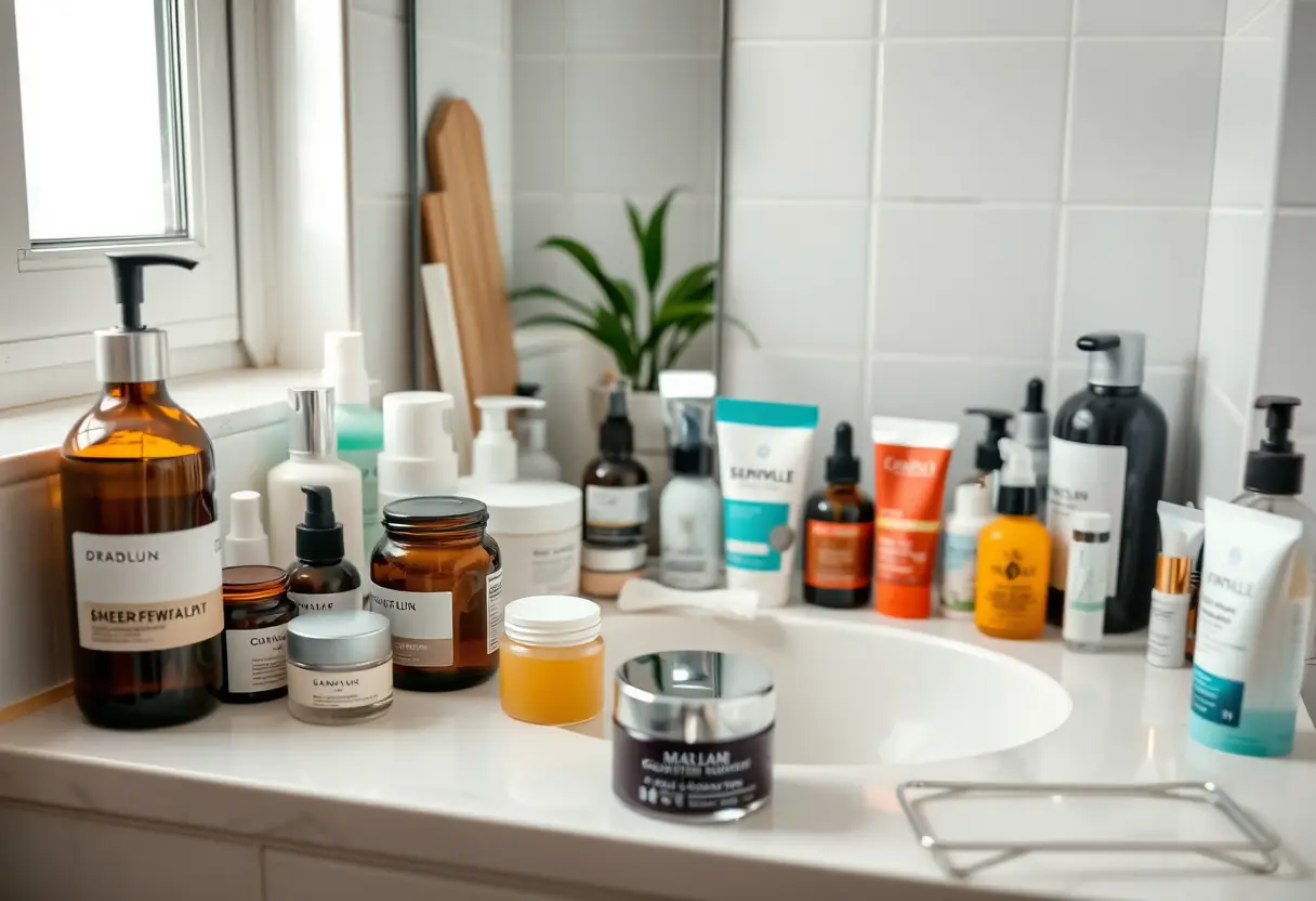Comptoir de salle de bains avec divers produits soins de la peau