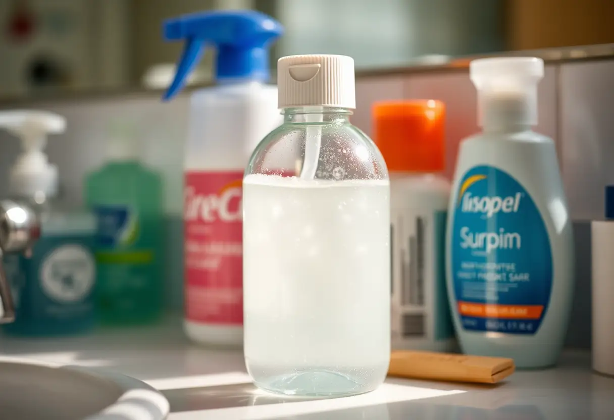 Bouteille de produit apaisant sur une table de toilette